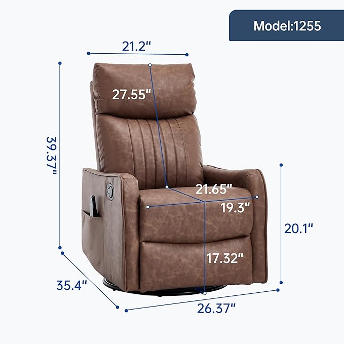 PELUMY 360 Swivel Rocking Recliner Chair for Adults Nursery Rocking Chair with Heat and Massage Glider Reclining Chair for Small Space Living Room Bedroom (Breathable Leather Brown)