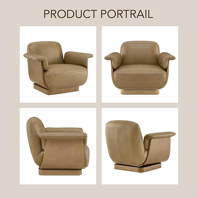 CHITA Genuine Leather Swivel Chair with Storage Ottoman Modern Living Room Accent Chair with Lounge Seat for Bedroom Office Mocha