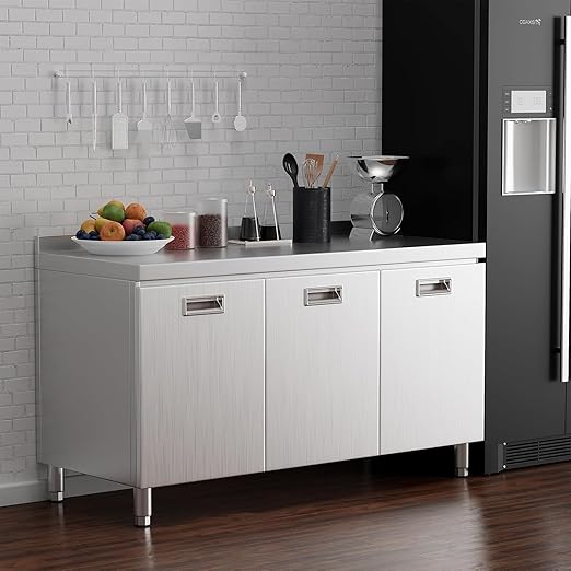 ZZV 55 x 21 Stainless Steel Table Cabinet for Prep &amp Work Heavy Duty Prep Table with 3 Pull-Out Doors Commercial Workbench with Cabinet for Kitchen Restaurant Hotel Garage and Warehouse