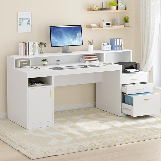 Computer Desk with 3 Drawer &amp Storage Shelves Home Office Desk with File Drawer &amp Cabinet Writing Study Table with Long Monitor Stand &amp Printer Shelf Executive Desk White
