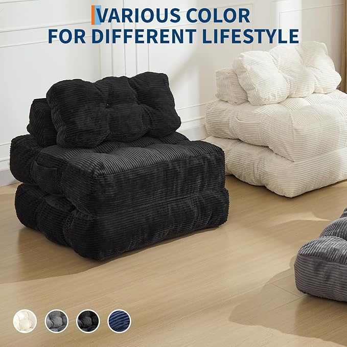 Garvee Folding Sofa Bed Convertible Sleeper Chair with Pillow Foldable Mattress with Back Support Boneless Fold Out Chair Bed Comfy Floor Sofa Lounge for Living Room Bedroom Black Single