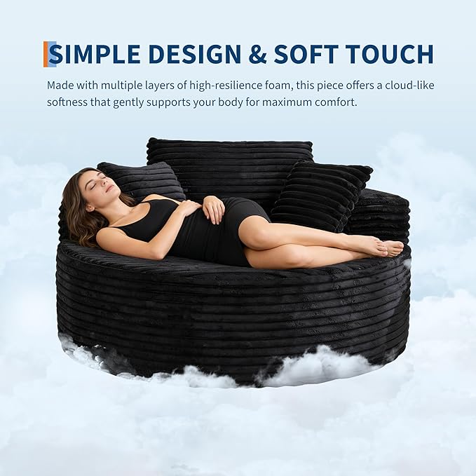 Garvee 55 Round Oversized Chaise Longue Chair Indoor Corduroy Upholstered Boneless Cloud Couch Deep Seat Sleeper Floor Sofa Chair for Living Room Bedroom Apartment Black