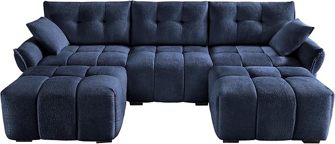 Aoowow Modular Sectional Sofa with Movable Ottoman 110.2” Chenille U Shaped Sofa Couch Upholstered Comfy 3-Seater Couches with Pillows for Living Room Apartment OfficeBlue