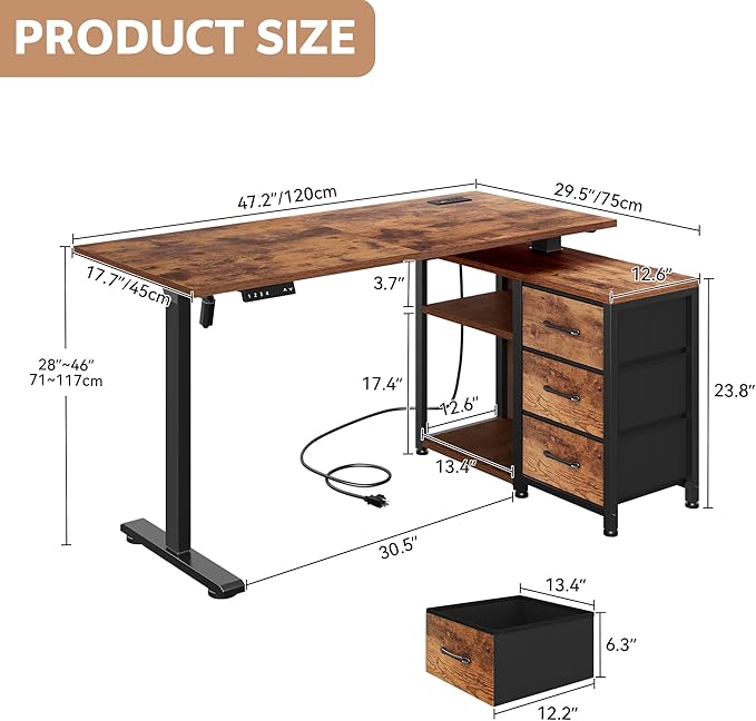 47 Inch L Shaped Standing Desk with 3 Drawers Electric Standing Desk with Storage Computer Desk Adjustable Height with Power Outlets 4 Memory Presets for Home Office Rustic Brown