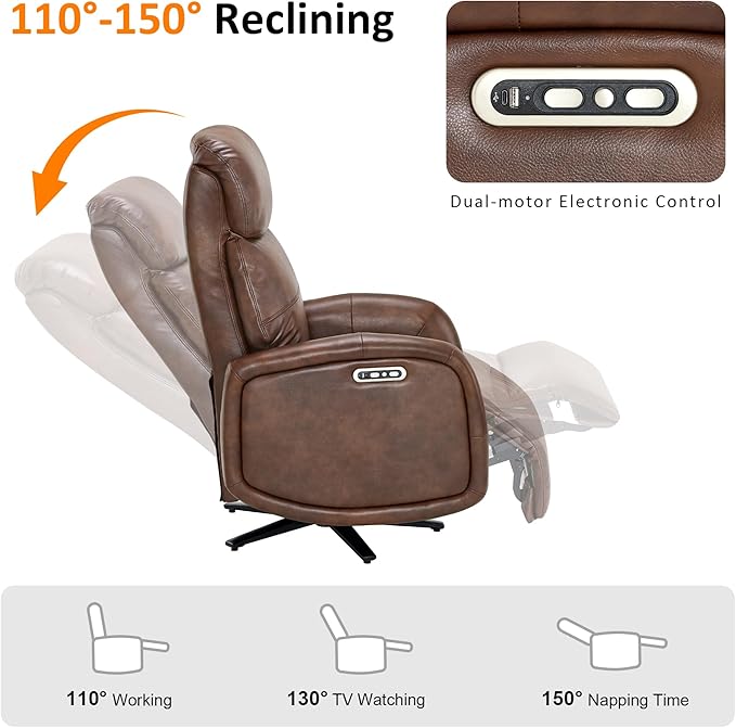 MCombo Dual Motor Power Recliner Chair for Adults Modern Faux Leather Electric Swivel Recliner with USB Charging Heavy Duty Adjustable Lounge Chair for Living Room &amp Bedroom 4610 (Brown)