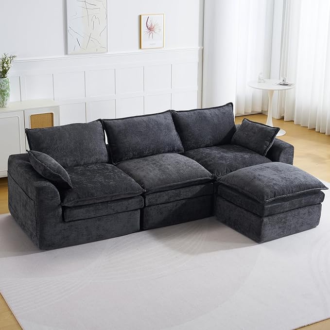 113 Cloud Sectional Boneless Couch for Living Room Modern Modular Sectional Sofa Deep Seat with Ottoman Oversized Comfy Sectional Couches L Shaped Cloud Couch with Side PocketsBlack