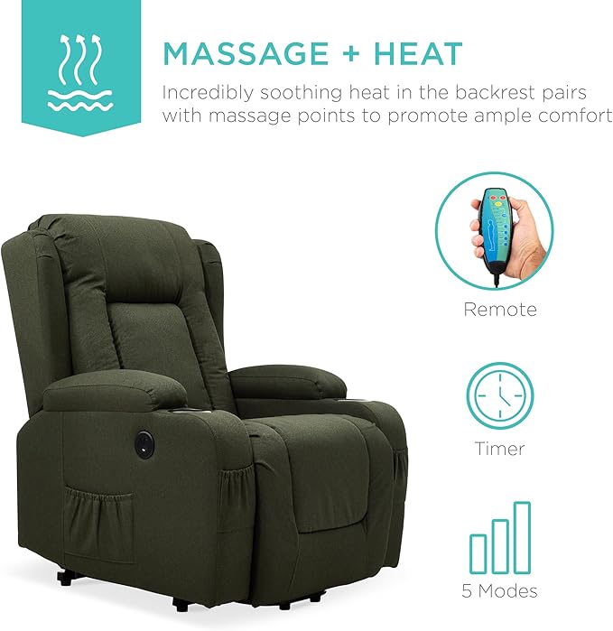 Best Choice Products Modern Linen Electric Power Lift Chair Recliner Massage Chair Adjustable Furniture for Back Legs w/ 3 Positions USB Port Heat Cupholders Easy-to-Reach Button - Olive