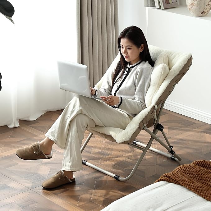 Welnow Comfy Saucer Chair Oversized Folding Reading Chair for Adults with Throw Pillow Soft Faux Fur Lounge Chair for Bedroom Furry Accent Chair for Living Room Dorm Rooms Beige