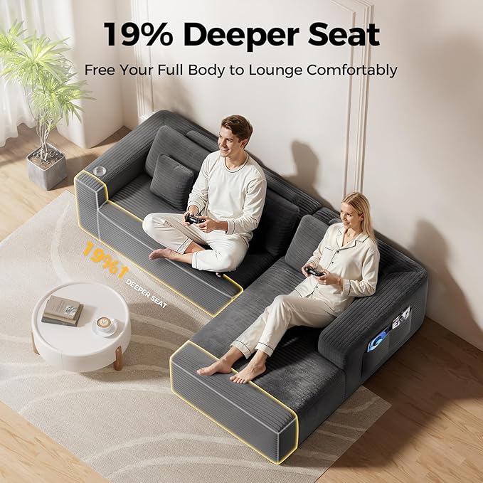 108” Cloud Sectional Couch Modern Modular Sectional Sofa with Deep Seat Corduroy Boneless Couches with Chaise L-Shaped Sofa for Living Room 4 Storage Pockets (Right Facing Chaise Grey)