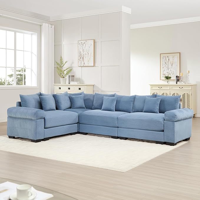 117 Corduroy Sectional Couches for Living Room Blue Comfortable Oversized Sectional Sofa Set with Deep Seat Large 3 Seater Couch with Corner Sofas para Sala Modern Couch Set