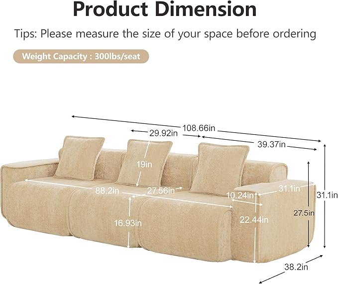 KEIKI 3Seat Modular Boneless Velvet Sofa Couch for Casual Home Small Space Style Conscious Homeowners Warm Inviting Comfy Supportive Rest Space Elegant Premium Premium Design Light