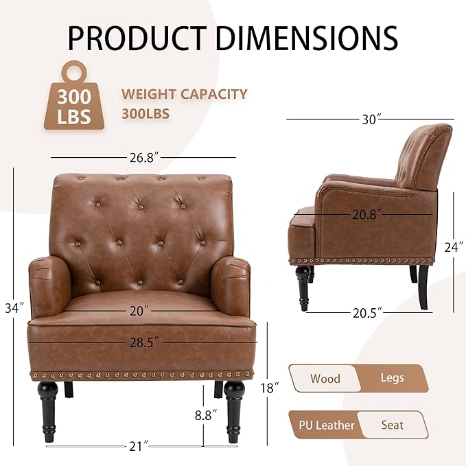 MOJAY Faux Leather Accent Chair Mid-Century Armchair Living Room Sofa Chair with Rubber Wood Leg Club Chair with Rivet Trim for Bedroom Reading Room Reception (Brown)