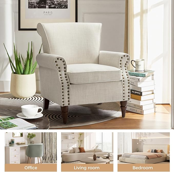 HULALA HOME Accent Chair with Wood Legs &amp Removable Cushion Modern Wingback Armchair with Nailhead Trim Comfy Upholstered Lounge Chair Single Sofa Chairs for Living Room Bedroom Ivory