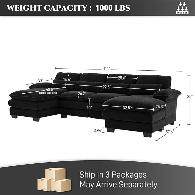 114 U Shaped Cloud Couch Sectional Modular Sofa Sectional Couches for Living Room Modern Comfy Chenille Modular L Shaped Sofa Set with Chaise Lounge Ottoman Black