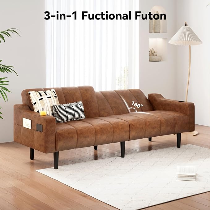 80'' Futon Sofa BedFaux Leather Futon Sleeper Sofa Convertible Loveseat with Adjustable Sofa BackrestModern Couches for Living Room Bedroom Apartment Office (Dark Brown)