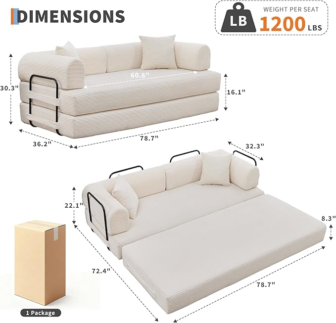 78'' Convertible Sleeper Sofa Bed4 in 1 Corduroy Boneless Couch with PillowsFolding Sectional Couch with Pull Out BedFloor Sofa Loveseat for Living RoomBedroomNo Assembly RequiredBeige