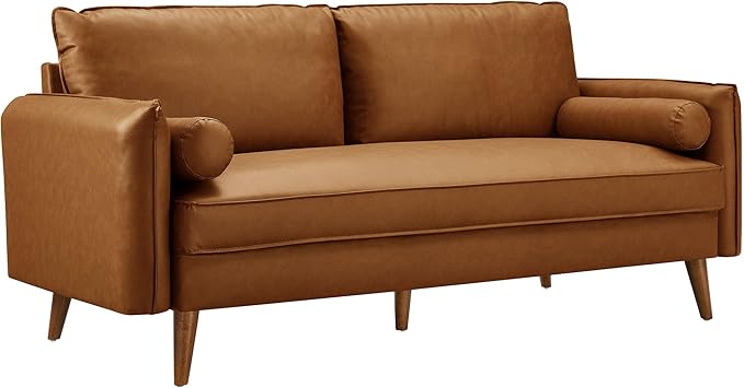 Modway Revive 72 Inch Faux Leather Sofa in Tan – 3 Seater PU Leather Couch with Cozy Wide Seats - Mid-Century Modern Upholstered Sofa for Living Room or Office