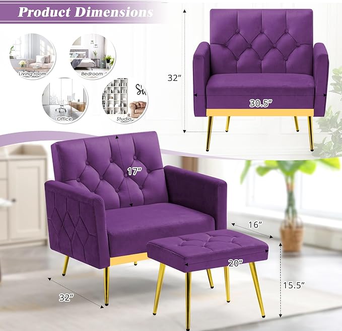Velvet Accent Chair w/Adjustable Armrests and Backrests Tufted Single Sofa with Ottoman Upholstered Reading Chiar for Living Room Apartment Bedroom Purple