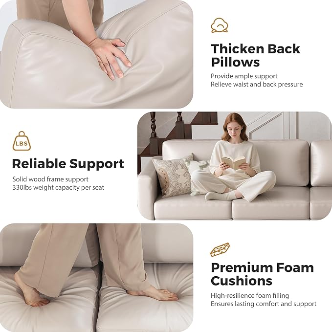 ABCASA 64.6 Faux Leather Loveseat Sleeper Sofa Bed with Storage Seat Modern Modular Sectional Couch Deep Seat with Reversible Chaise 2-Seat Whitesand for Apartment Living Room Bedroom
