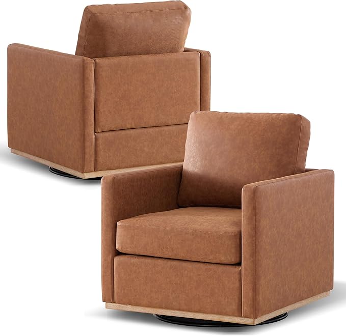 Aoiy &amp Wifon 30.7 W Swivel Accent Chair Set of 2 Mid Century Modern Swivel Chairs for Living Room Comfy Small Accent Chair PU Leather Brown