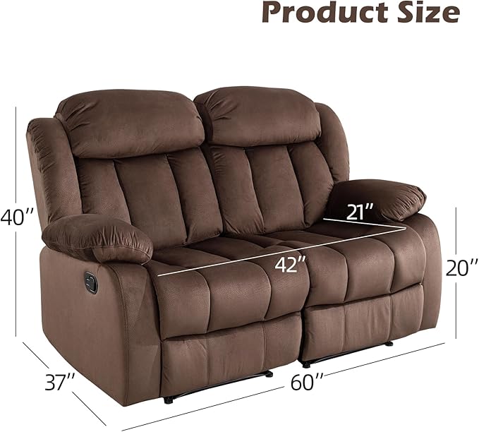 INZOY Manual Loveseat Recliner Sofa with Padded Armrest Wall-Hugger 2 Seat Reclining Love Seat Couches with Overstuffed Back Double Seater Reclining Chair for Living Room Theater Seating Brown
