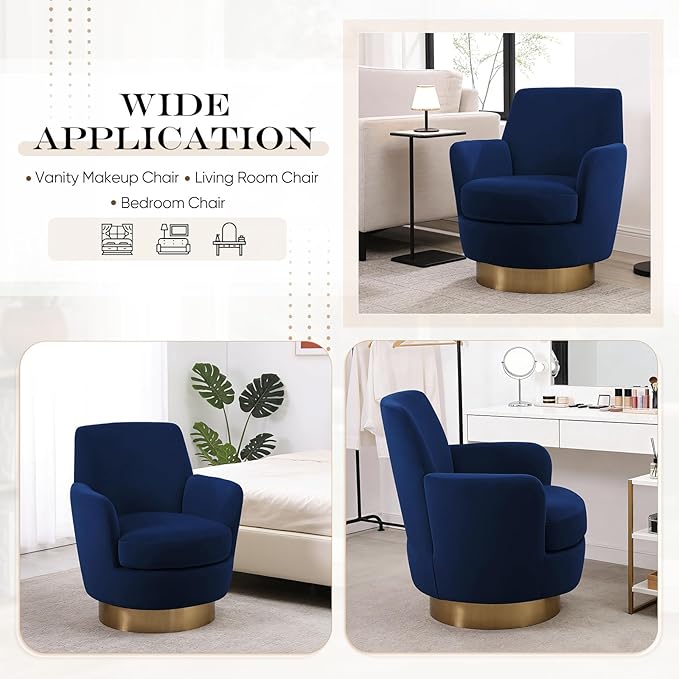 SLEERWAY 360° Swivel Barrel Chair Set of 2 28.3 Modern Velvet Round Accent Chair Comfy Upholstered Small Armchair with Gold Metal Base for Living Room Bedroom Nursery Office Sillas para Sala Navy