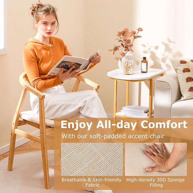 GOFLAME Bamboo Accent Chair Set of 2 Mid-Century Modern Armchair with Padded Seat Curved Backrest and Wrap-Around Armrest Upholstered Reading Chair Leisure Chair for Living Room Bedroom