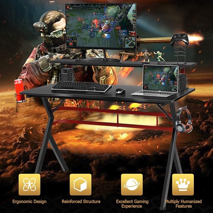Tangkula Gaming Desk Professional Gamer Workstation with Cup Holder Headphone Hook Handle Rack Ergonomic PC Gaming Table with Monitor Stand E Sports Computer Desk Table for Home Office (Black)