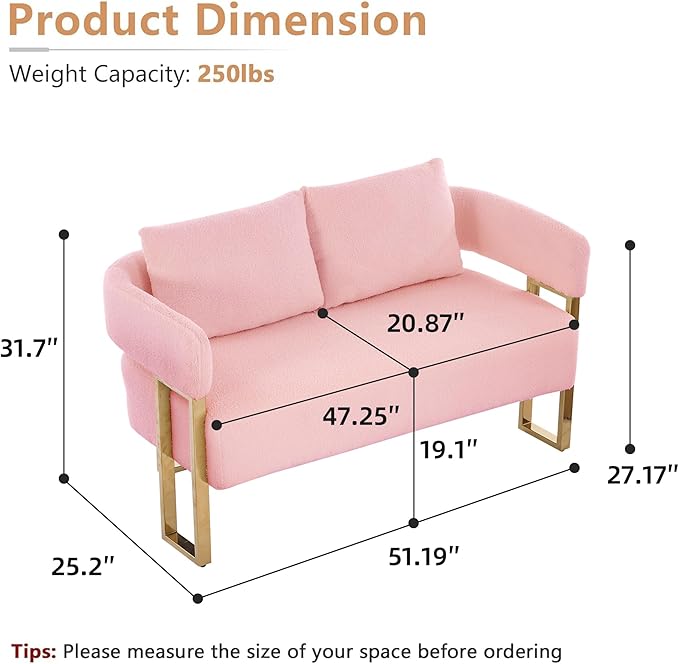 YISHENG Loveseat Sofa Modern Accent Chairs for Living Room with Golden Metal Legs Soft Teddy Upholstered Reading Armchairs no Wheels for Reception Room//Bedroom/Lounge/Office Pink