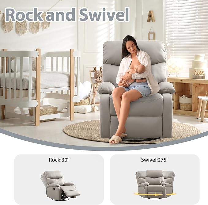 Genuine Leather Rocker Recliner Modern Manual Swivel Glider Recliner with Adjustable Backrest &amp Footrest Wall Hugger Swivel Rocking Recliner Chair for Modern Living Room and RV Beige