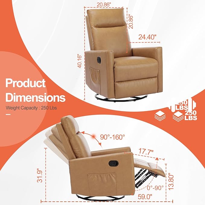 Sweetcrispy Recliner Chair 360 Swivel Rocker Chair for Adults Glider Rocker Recliners Nursery Chairs for Living Room High Back Upholstered Deep Seat Classical Brown