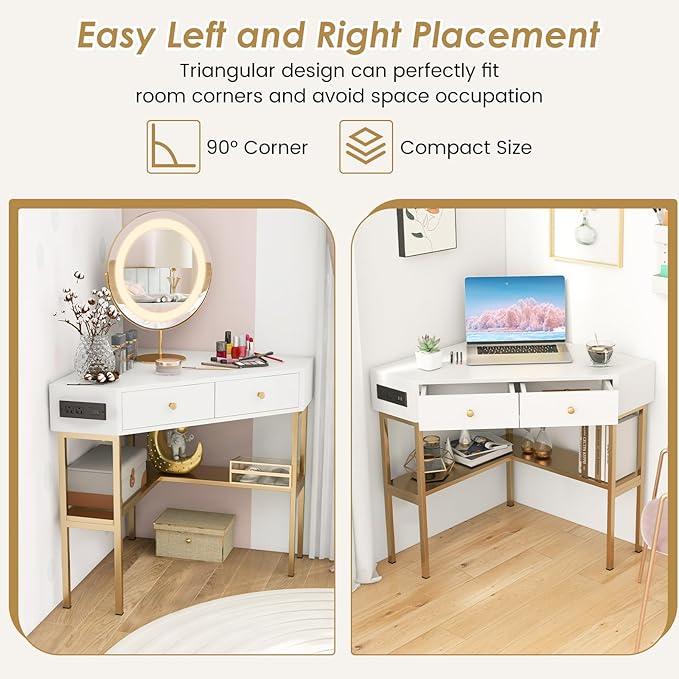Giantex Corner Desk with Charging Station 90 Degree Triangle Computer Desk with 2 Drawers &amp Storage Shelf L-Shaped Writing Desk Makeup Vanity Table Compact Corner Desk for Small Spaces (Gold)