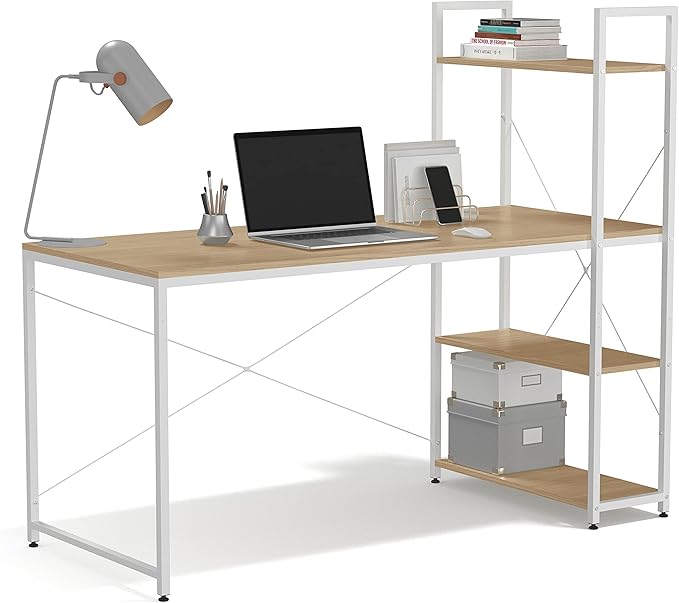 Ames 55 Reversible Gaming Computer Desk with Adjustable Shelves Home Office Desk Grommet Cable-Management Leveler Feet Easy Assembly White/White Oak