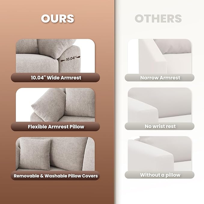90 Boneless Loveseat Sofa Cloud Foam Couch 3 Seater Upholstered Midcentury Mondern Love Seat Wide Armrest and 4 Pillows for Home Living Room/Small Spaces No Assembly Required Camel