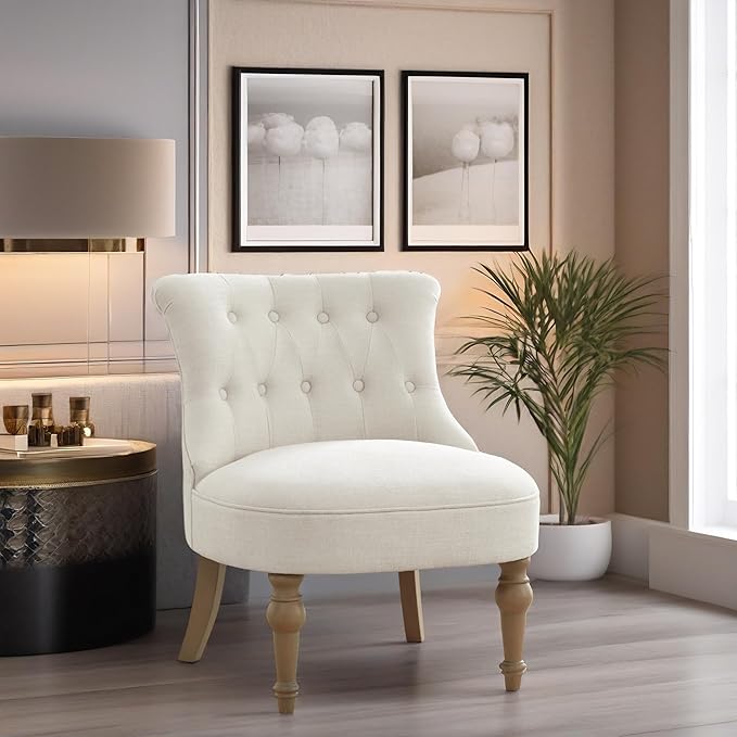 Living Room Chairs Armless Accent Chair Comfy Tufted Bedroom Chair Upholstered Chair with Wooden Legs for Reading Room Reception Apartments and Dormitories (Beige)