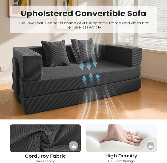 5‑in‑1 Futon Sofa Bed Queen – Floor Foldable Convertible Sofa Couch with L‑Shaped Armrests