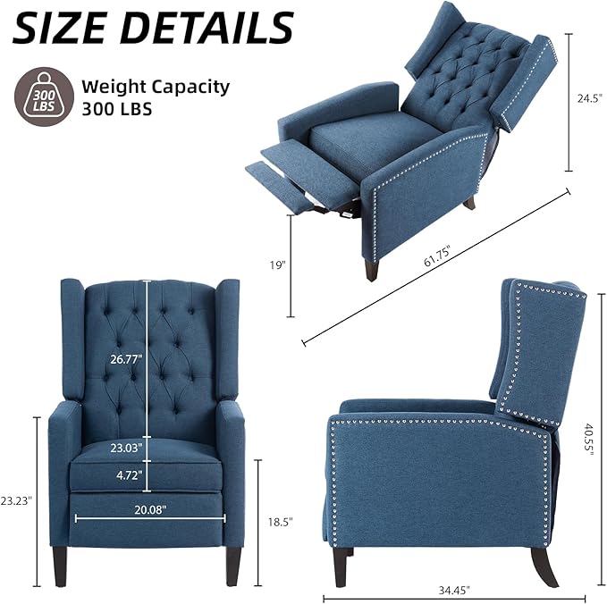 Wing Back Recliner Chair for Living Room Push Back Reclining Chairs Club Accent Chair Lounge Armchair Comfy Fabric Arm Chair with Rivet Decoration Tufted Back Solid Wood Legs Blue