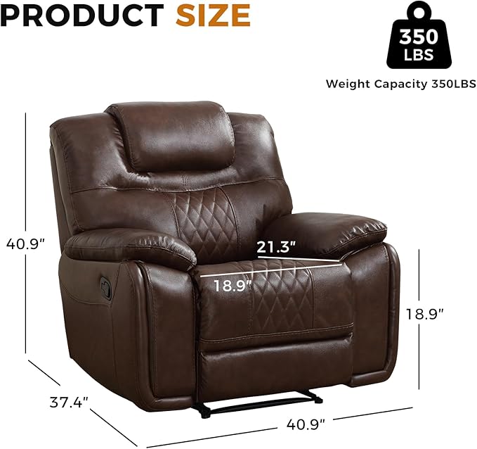 EBELLO Manual Recliner Chair Genuine Leather Reclining Sofa Chair Couch for Living Room Bedroom Furniture Meeting Room Single Couch with Comfortable Armrest and Backrest Brown
