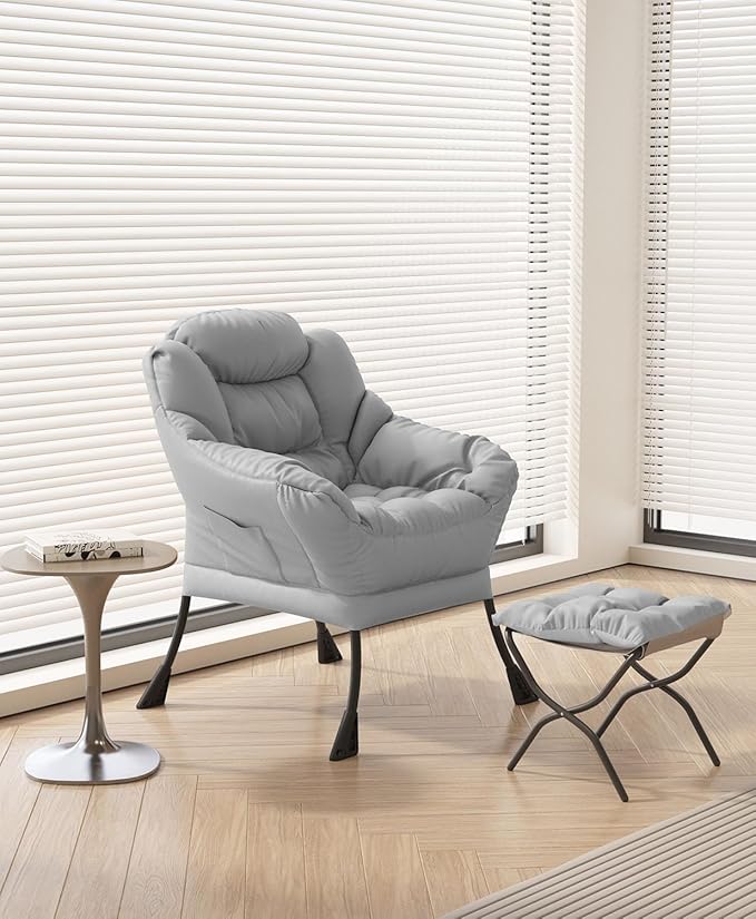 Living Room Chair with Ottoman Modern Lounge Accent Chair with Armrests and a Side Pocket Leisure Upholstered Sofa Lazy Chair Reading Chair with Footrest for Small Space (Gray)