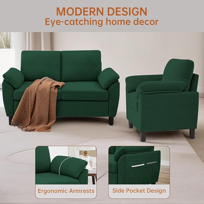 2-Piece Sofa Couch (Loveseat and Chair Set) Modern Sectional Sofa Sets with Wide Arms &amp Side Pockets Modern Comfy Small Couch Set for Living Room Green