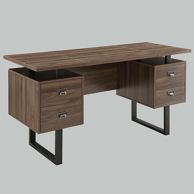 LEEMTORIG Computer Desk with Drawers 59 inch Large PC Desk Gaming Desk Modern Industrial Study Student Writing Table Workstation for Home Office Bedroom Walnut Brown CTSZ-20401-WA