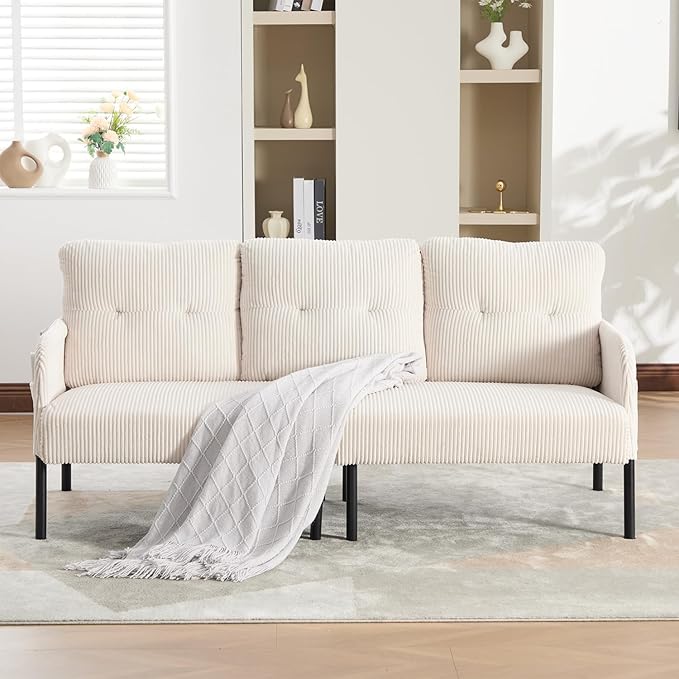 67 3 Seater Modern Couch Sofa Corduroy Fabric Upholstered Sofa for Small Space Living Room Bedroom Apartment Beige