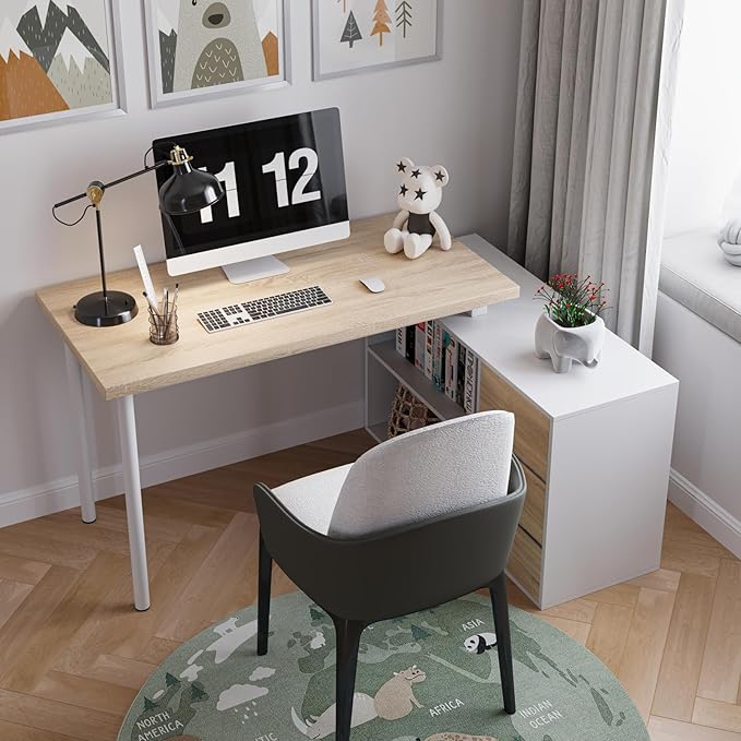 L Shape Computer Desk with 3 Drawers and 2 Shelves Home Office Desk Corner Small Desk with Storage Cabinet for Writing Study Executive – Walnut and White