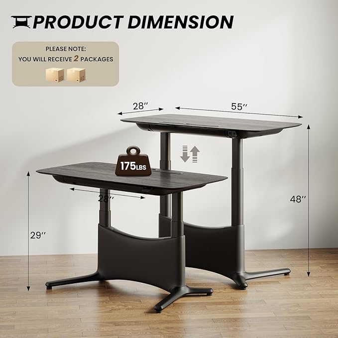 COLAMY Electric Adjustable Standing Desk – 48 x 28 Inch Sit Stand Desk with Drawer &amp Cable Management Dual Motor Lift System Ergonomic Footrest Home Office Table (Veneer Desktop Black Oak + Bl