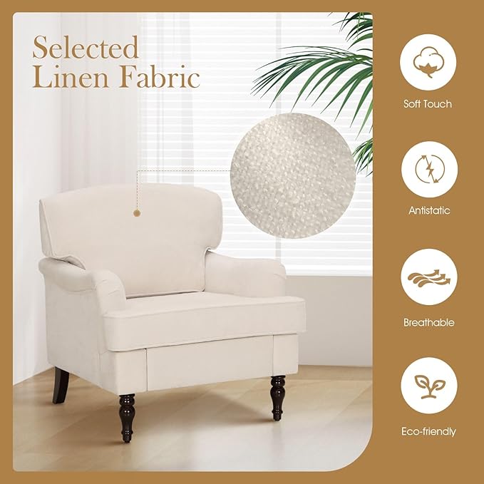 Sophia &amp William Living Room Chair Set of 2 Upholstered Accent Chair with Wood Legs Comfy Linen Fabric Armchair Off-White