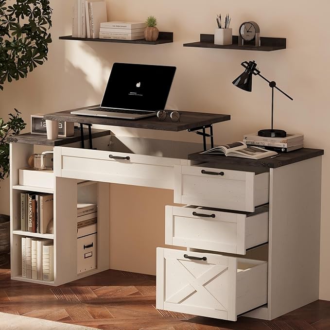 Farmhouse Lift Top Desk: Rustic Wood Standing Desk with 3 Drawers &amp Open Storage Shelves Adjustable Height White &amp Brown Home Office Computer Desk for Work Study Writing (White+Dark Walnut