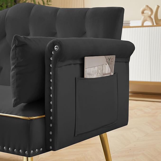 55-Inch Modern Velvet Loveseat Sofa with Gold Metal Legs &amp Side Pockets Tufted Backrest Perfect for Living Room Bedroom or Office (Black)