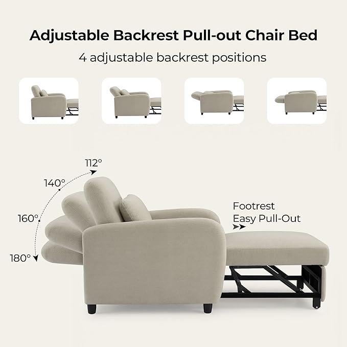 CHITA Sleeper Chair 3-in-1 Pull Out Convertible Single Sofa Bed with Adjustable Backrest Chenille Chaise Lounge Chair for Living Room Bedroom &amp Apartment Stone