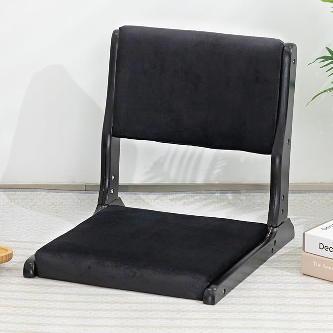 HollyHOME Foldable Tatami Chair Upholstered Japanese Style Floor Seat Wood Legless Back Rest With Cushion Accent Meditation for Bay Window Living Room Bedroom Black