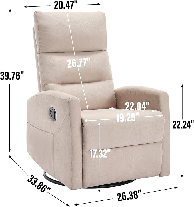 PELUMY Manual Recliner Chair 360° Swivel Glider and Rocker Recliner with 155° Recline Compact Fabric Recliner for Small Space Nursery Living Room Bedroom No Tools Assembly (Beige)